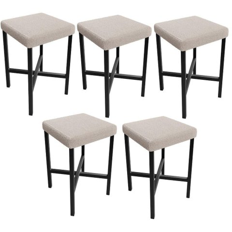 Kit 05 Banquetas Baixa Bar Cozinha Sala de Jantar Preto Stella L02 Bouclê Creme - Lyam Decor