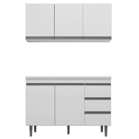 Balcão Gabinete 120cm 2 Portas e Armário Aéreo Branco