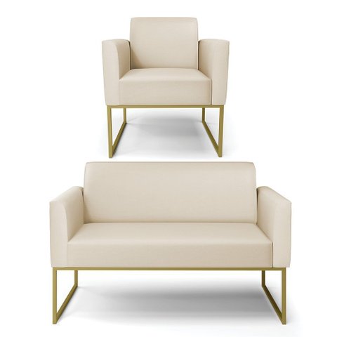 Sofá Namoradeira e Poltrona Marisa Industrial Dourado Sintético D03 - D’Rossi