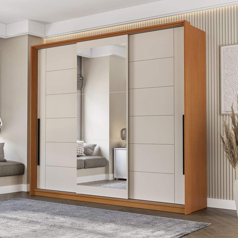 Guarda Roupa Casal 220cm 3 Portas de Correr com Espelho 240856 Lisboa Politorno Móveis