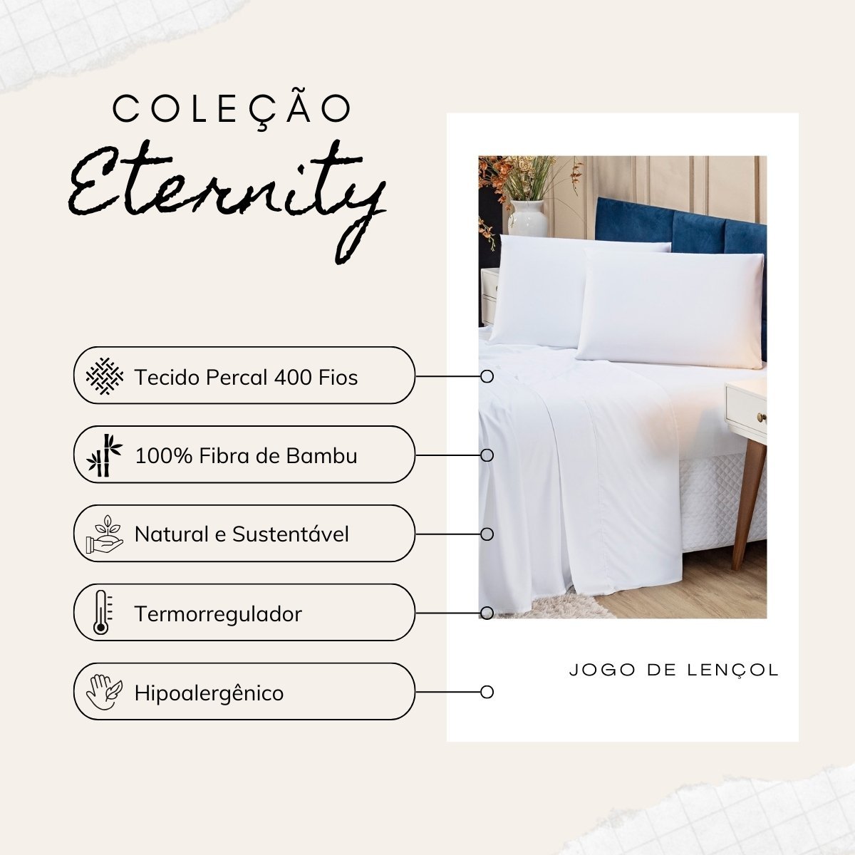 Jogo de Cama Lençol Eternity Bamboo Branco com Fronhas QUEEN 04 Peças - Tecido Liso Percal 400 Fios  - 4