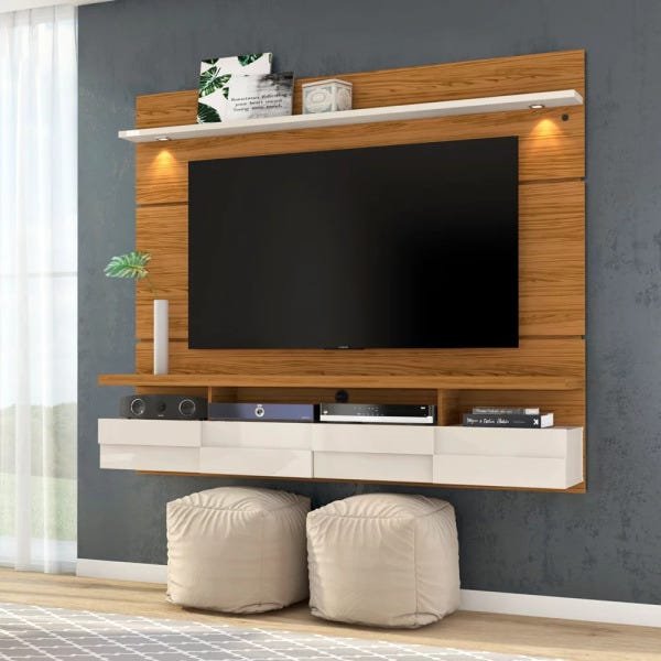 Bancada Suspensa Home Painel Lana 180cm para TV até 60 Polegadas Luminária LED Porta Basculante Nat - 2
