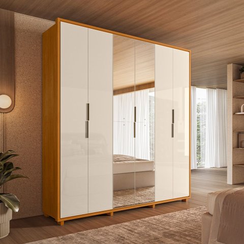 Guarda-Roupa Casal 6 Portas 4 Gaveta 100% MDF 2 Portas com Espelho e Pés Matisse Marrom/Cinamomo/Off White