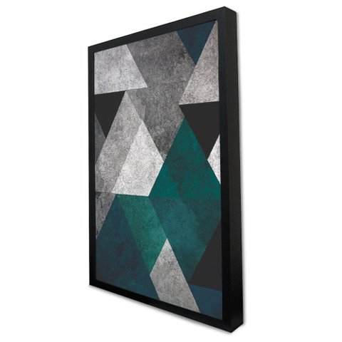 Quadro Decorativo Caixa Alta com Vidro Geométrico Cinza, Azul e Preto TaColado Moldura Preta 40x60cm