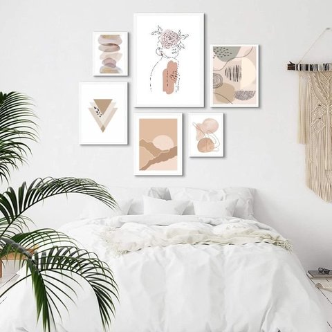 Composição 6 Quadros Minimalistas - Tons Bege:madeira Preta