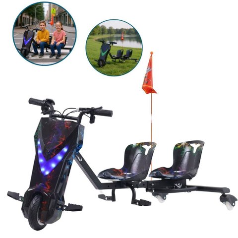 Drift Triciclo Elétrico Duplo 2 Assentos 250W Chave Buzina LED Freio Preto Importway BW388 Pt