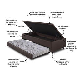 Bicama Box com Baú Solteiro Courino Linho Marrom 88x188 com Colchão Auxiliar Ecoflex - 5