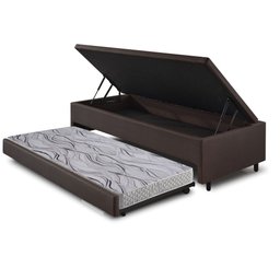 Bicama Box com Baú Solteiro Courino Linho Marrom 88x188 com Colchão Auxiliar Ecoflex - 2
