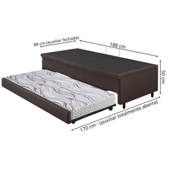 Bicama Box com Baú Solteiro Courino Linho Marrom 88x188 com Colchão Auxiliar Ecoflex - 3
