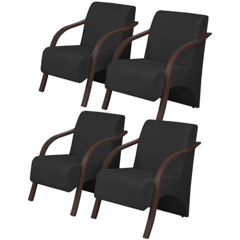 Kit 4 Poltronas 1 Lugar Vênus Pé Madeira Dsalla Corino Preto