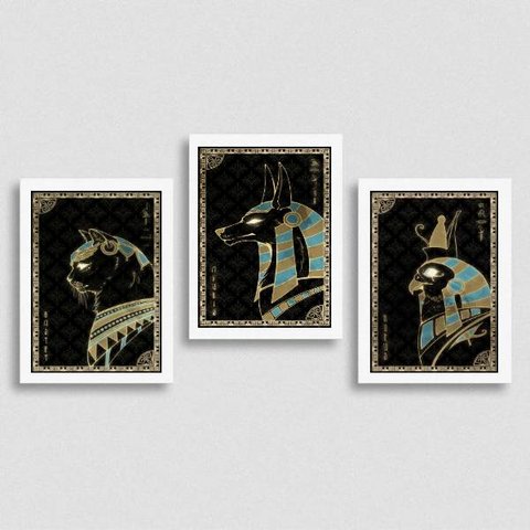 Kit 3 Quadros Místicos Animais Egípcios 33x24cm:Madeira preta