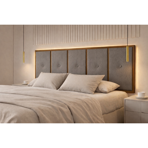 Cabeceira de Cama Box Queen 160 Estofado com Madeira Cinza
