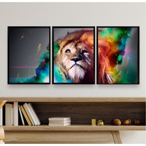 Kit 3 Quadros Decorativos Leão Juba Colorida 33x24cm:madeira Preta