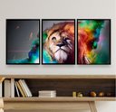Ver imagem 1 de Kit 3 Quadros Decorativos Leão Juba Colorida 33x24cm:madeira Preta
