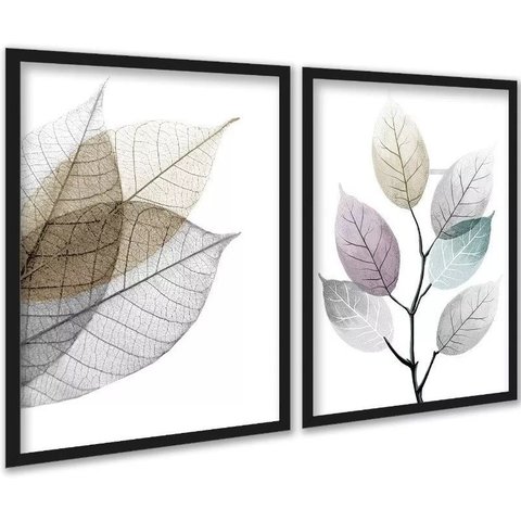 Kit 2 Quadros Modernos Folhas Transparentes 24x18cm:moldura Branca