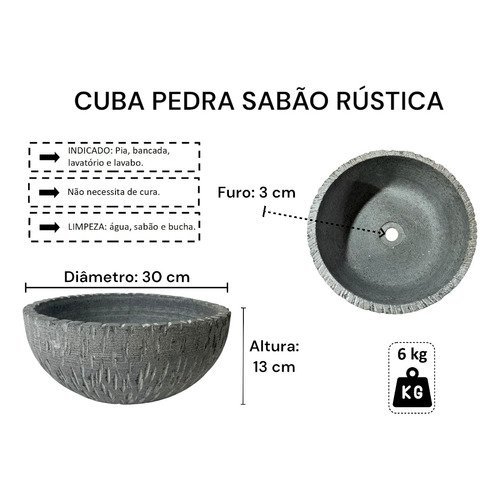 Cuba Bojo Pia Pedra Sabão Rústico 30 Cm São José Único - 5