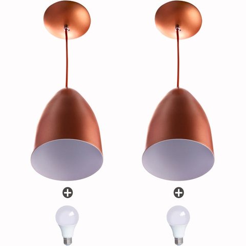 Kit 2 Lustre Pendente Cone de Alumínio 20x14cm Cobre + Lâmpada
