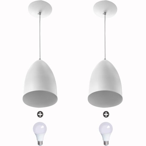 Kit 2 Lustre Pendente Cone de Alumínio 20x14cm Branco + Lâmpada