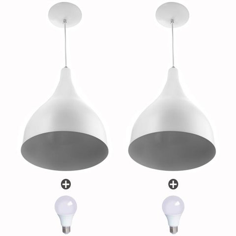 2 Lustres Pendente Gota Pequena Alumínio 21cm Branca + Lâmpadas