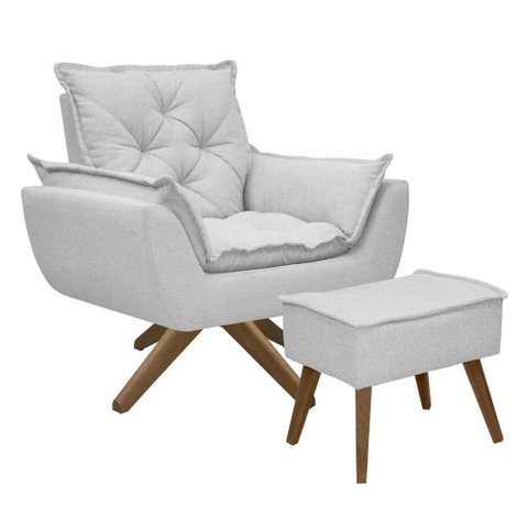 Kit Poltrona e Puff Opala com Base em Madeira Tecido Boucle Cinza