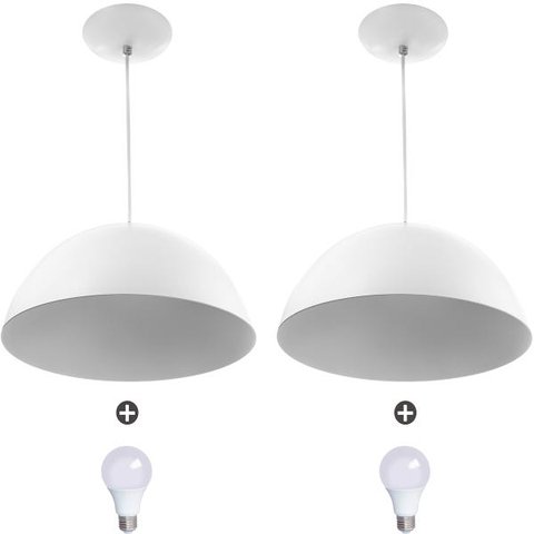 2 Lustres Pendente Meia Lua 30cm Alumínio Branco + Lâmpada