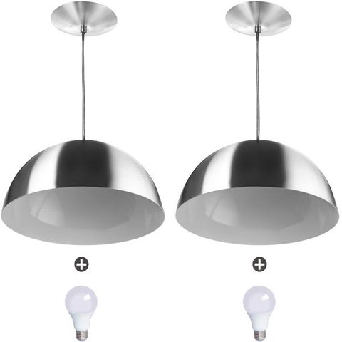 2 Lustres Pendente Meia Lua 40cm Alumínio Escovado + Lâmpada