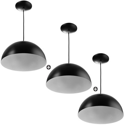 Kit 3 Lustres Pendente Meia Lua 30cm Alumínio Soquete E-27 Preto