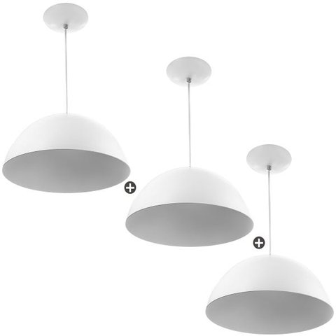 Kit 3 Lustres Pendente Meia Lua 30cm Alumínio Soquete E-27 Branco