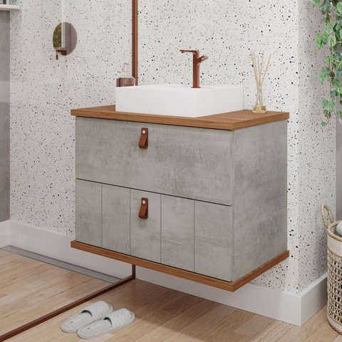Gabinete Suspenso com Cuba 80,3cm x 69cm Poli Espresso Móveis Cinza/Cimento