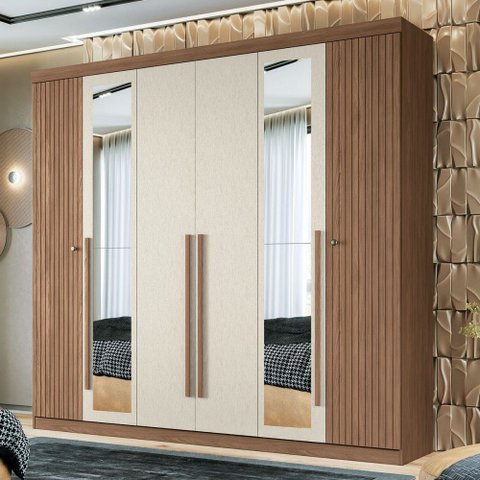 Guarda-roupa Casal Loanda 6 Portas 4 Gavetas Ripado Jatoba/areia com Espelho - Pnr Móveis