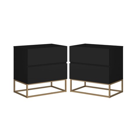 Conjunto 2 Mesa de Cabeceira Estilo Industrial 2 Gavetas Eros 45 Base Dourado:preto