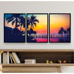 Kit 3 Quadros Praia por do Sol Palmeiras 45x34cm:madeira Branca - 1 Kit 3 Quadros Praia por do Sol Palmeiras 45x34cm:madeira Branca - 1