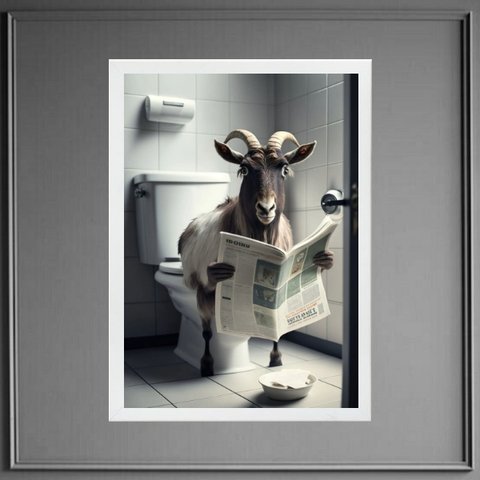 Quadro Bode no Banheiro Lendo Jornal 24x18cm - com Vidro:madeira Preta