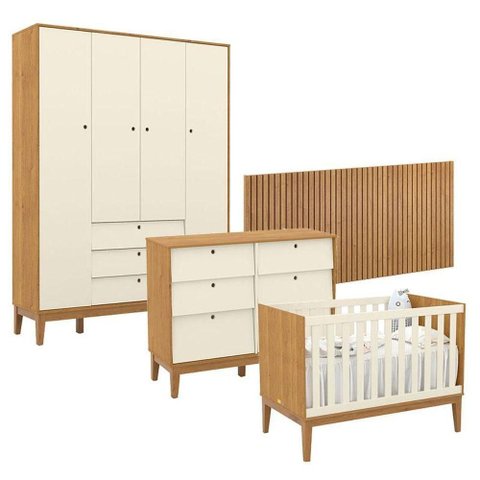 Quarto de Bebê Unique 4 Portas com Cômoda 6 Gavetas e Painel Ripado Freijó Off White Eco Wood -