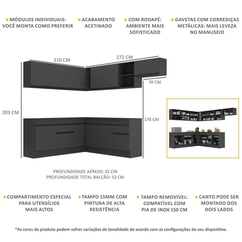 Armário de Cozinha Completa de Canto com Rodapé Veneza Multimóveis MP2103.895 Preto - 4