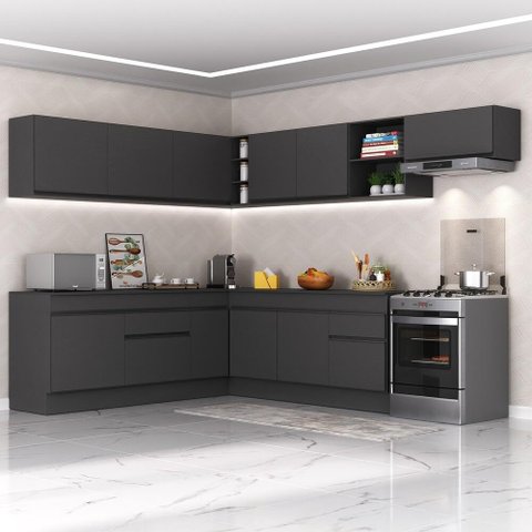 Armário de Cozinha Completa de Canto com Rodapé Veneza Multimóveis MP2103.895 Preto