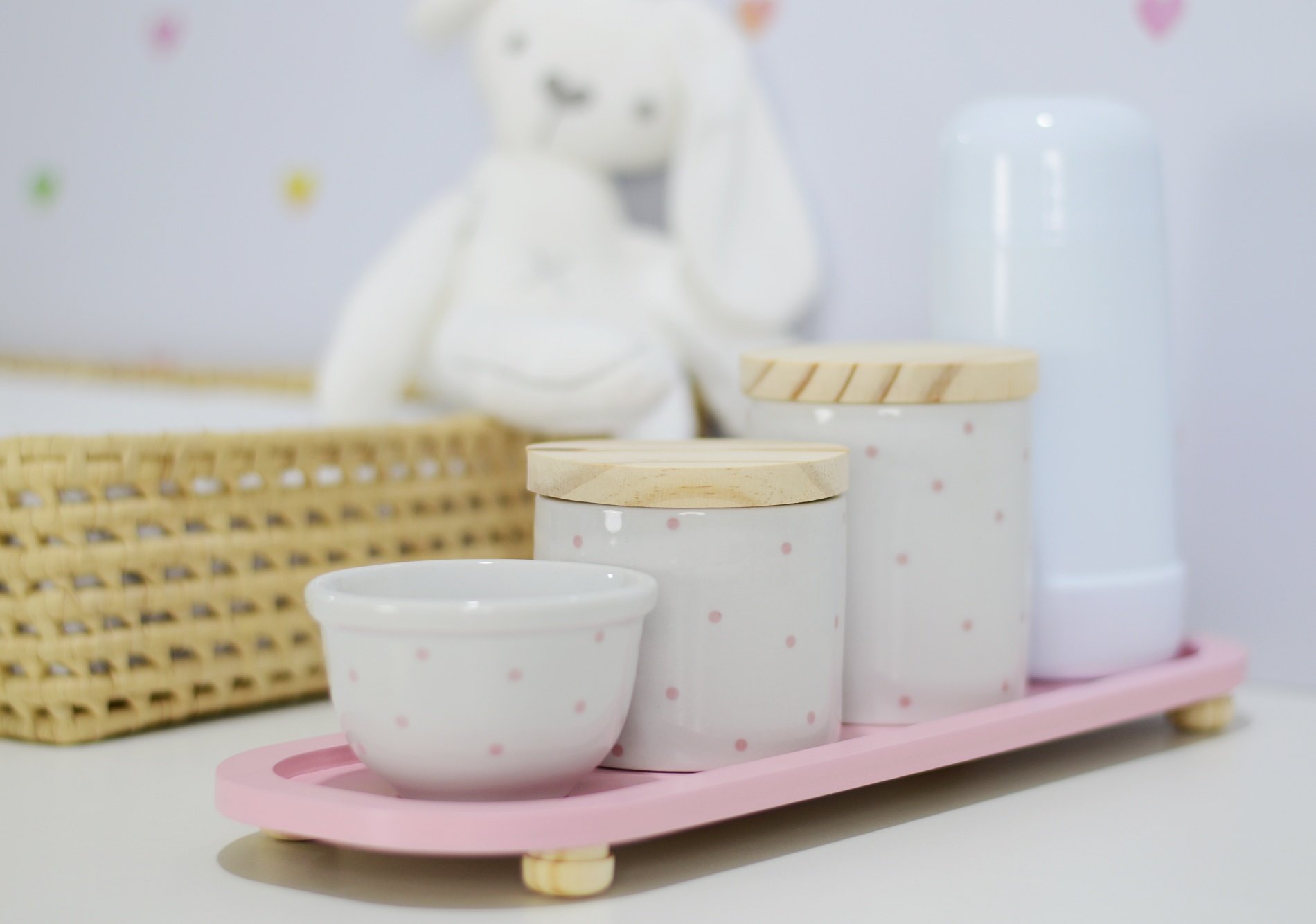 Kit Higiene Porcelana Bebê Poa Rosa Térmica Bandeja