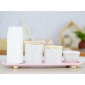 Kit Higiene Porcelana Bebê Poá Rosa Térmica Bandeja K114