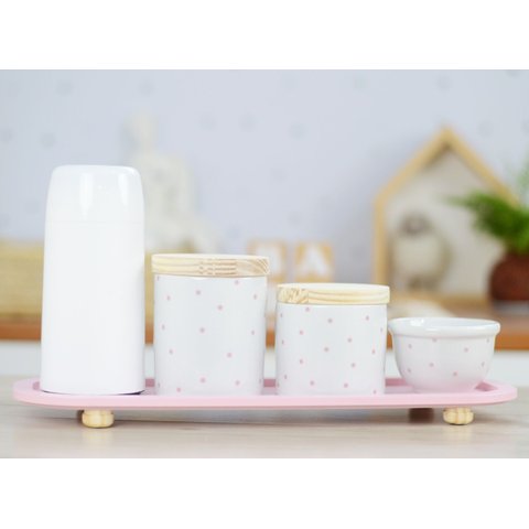 Kit Higiene Porcelana Bebê Poá Rosa Térmica Bandeja K114