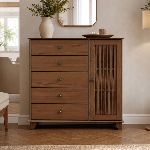 Cômoda Sapateira Madeira Maciça 1 Porta 5 Gavetas 120cm Aton S05 Ipê - Lyam Decor