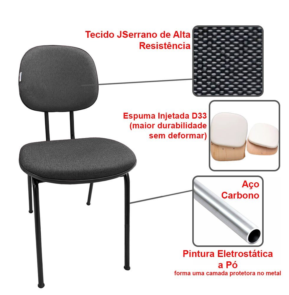 Cadeira de Escritório Secretaria Fixa Pé Palito Tecido JSerrano Cinza Com Preto para Recepção - 3