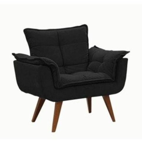 Poltrona Opala Suede Preto com Pés Palito Castanho
