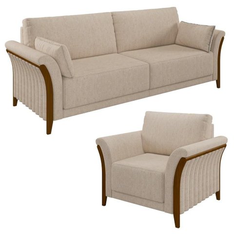 Kit Sofá Living 3 Lugares e Poltrona 102cm Pés Madeira Roya M22 Linho Cru - Mpozenato
