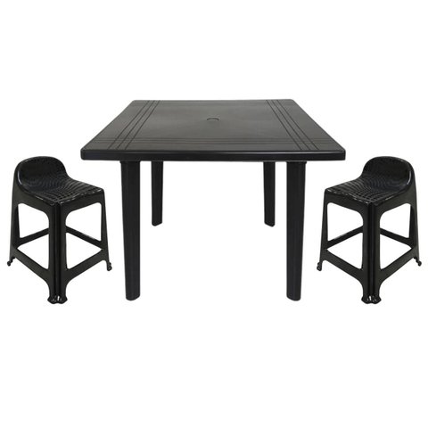 Mesa Quadrada Plástico Desmontável 90cm Preta + 2 Banquetas com Encosto