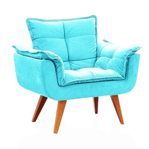 Poltrona Opala Suede Azul Tifany com Pés Palito Castanho