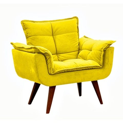 Poltrona Opala Suede Amarelo com Pés Palito Castanho