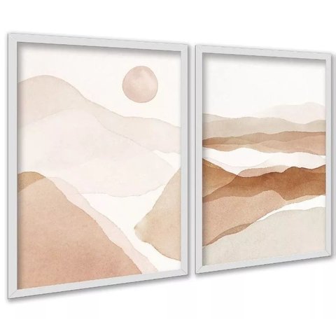 Kit 2 Quadros Abstratos Aquarela Paisagem Bege 24x18cm - com Vidro:moldura Branca