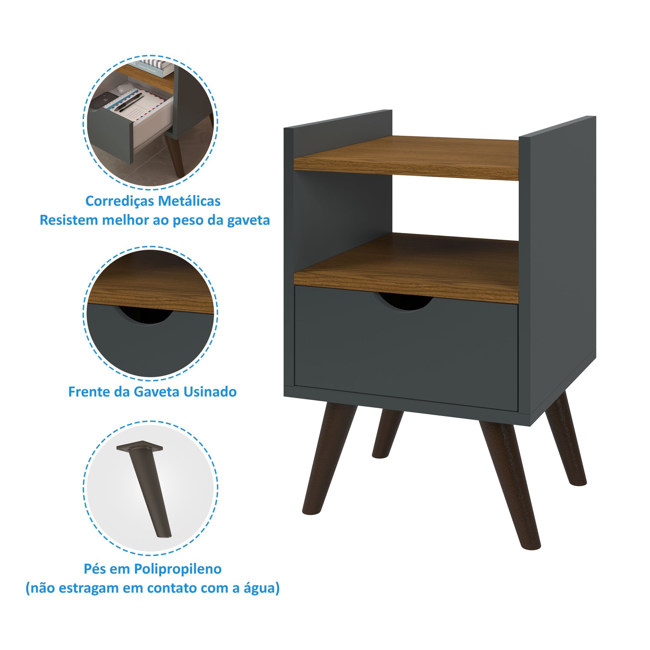 Mesa de Cabeceira para quarto solteiro ou casal Alice com pés estilo retrô moderno 1 gaveta - Cinza  - 3