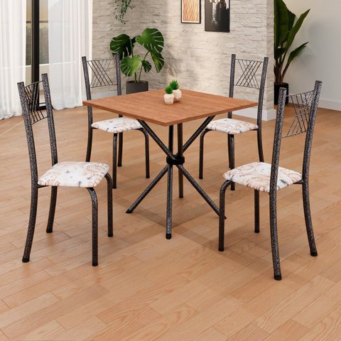 Conjunto de Mesa Tubular 70x70cm Tampo em MDF Cinamomo com 4 Cadeiras Sara Prata/Botanic Bege/Mart
