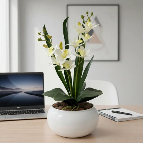 Arranjo Grande de Mini Orquídea Cymbidium Branca Artificial Branca